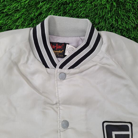 Vintage G Logo Pla-Jac Letterman Cropped Bomber Jacket Medium 24x24 Raglan Satin - Picture 2 of 10